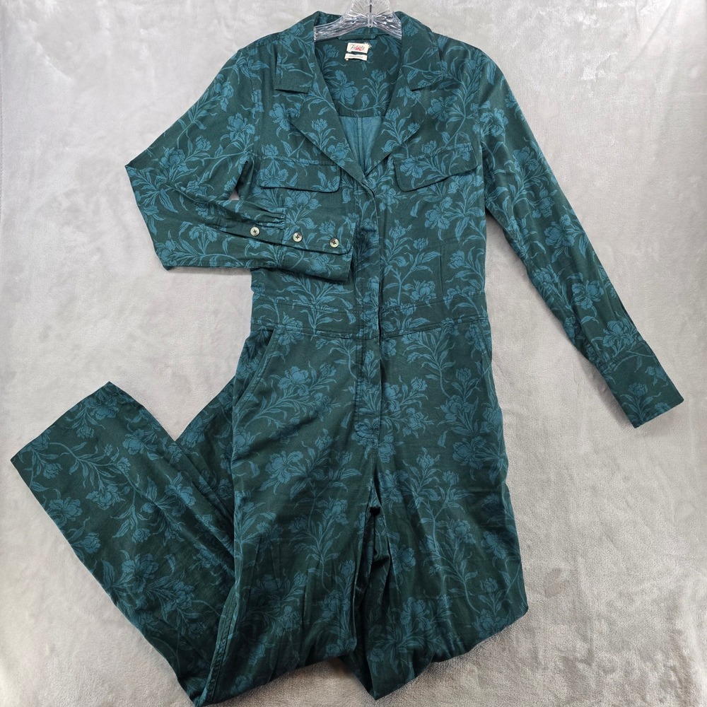 Faherty Women S Wander Jumpsuit Green Floral Organic Cotton Long Sleeve